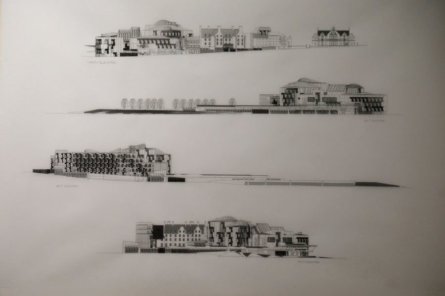 Sketches from the Enric Miralles exhibtion show the Scottish Parliament in the planning stages 