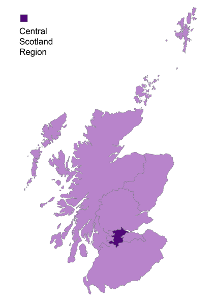 A graphic map of Scotland, highlighting the parliamentary region Central Scotland