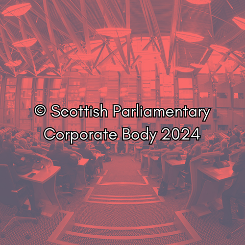 End card for video showing the Debating Chamber and the words "Scottish Parliamentary Corporate Body 2024"