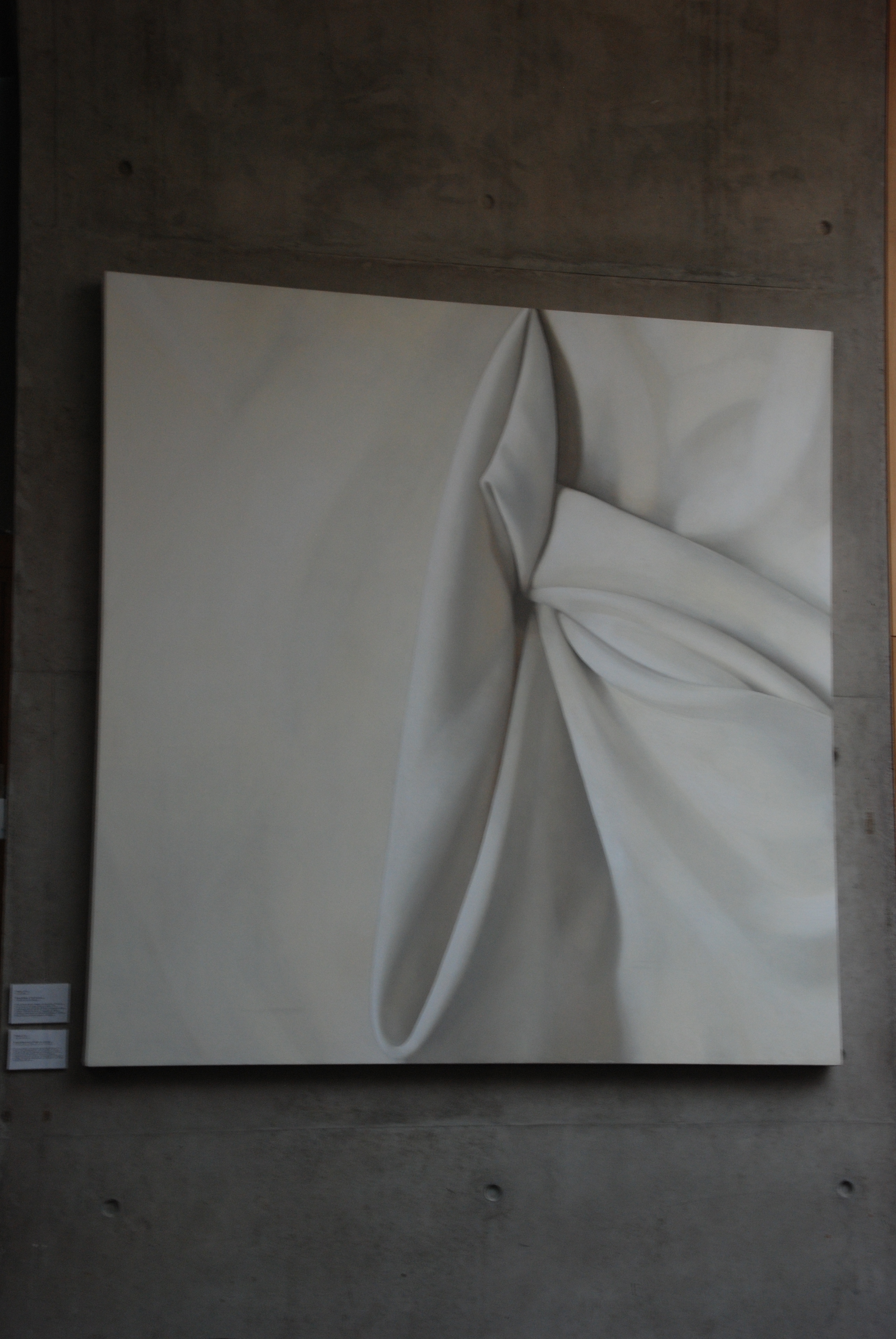 Large abstract unframed oil painting painted in white and creamy tones. Abstractly painted folded fabric.