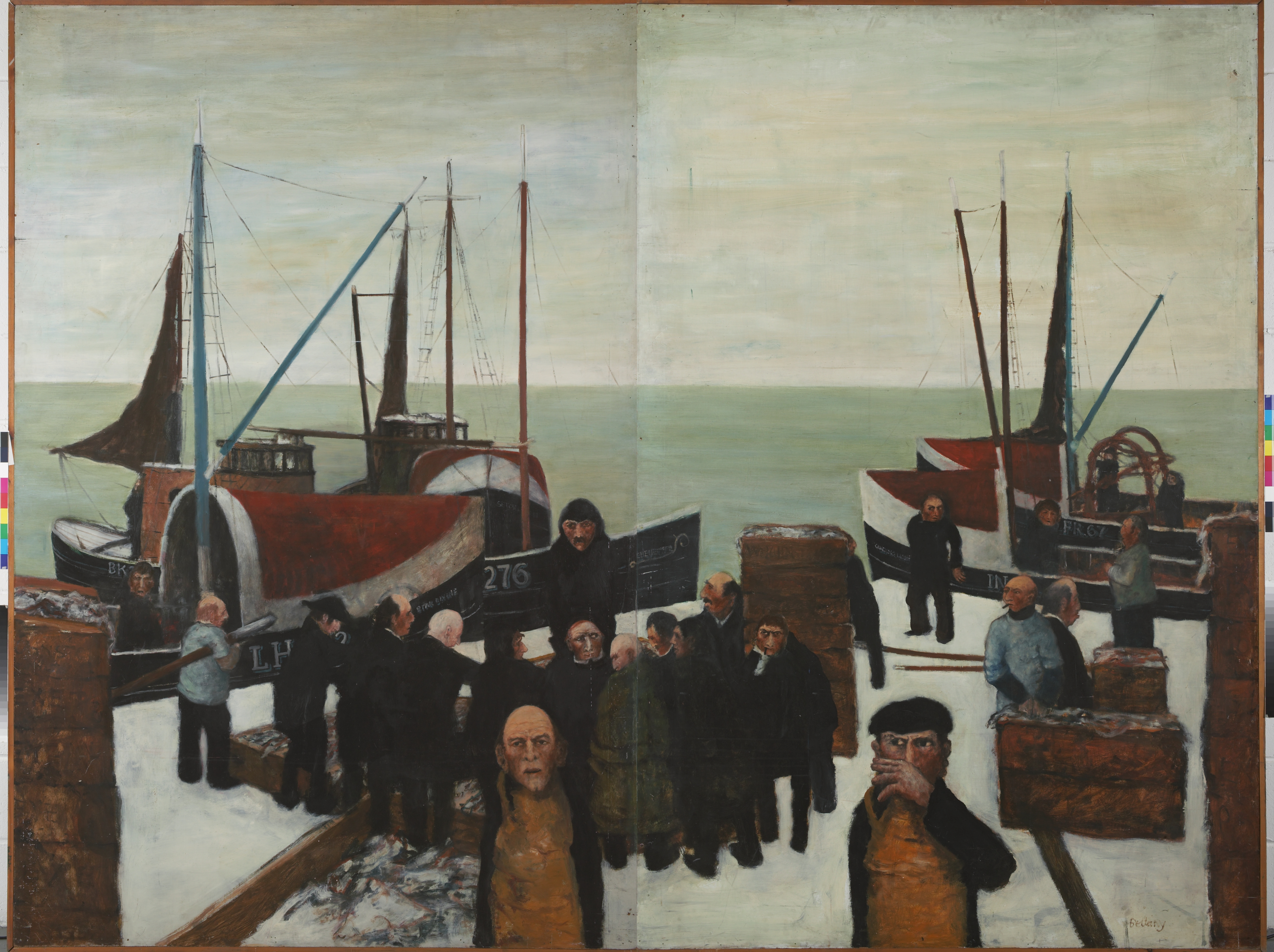 Large oil painting of fisherman landing a catch in Port Seton, Scotland, on a winter’s day. Background has fishing boats and behind them is turquoise blue sea. Front of painting has close-up heads and shoulders of two fishermen. 