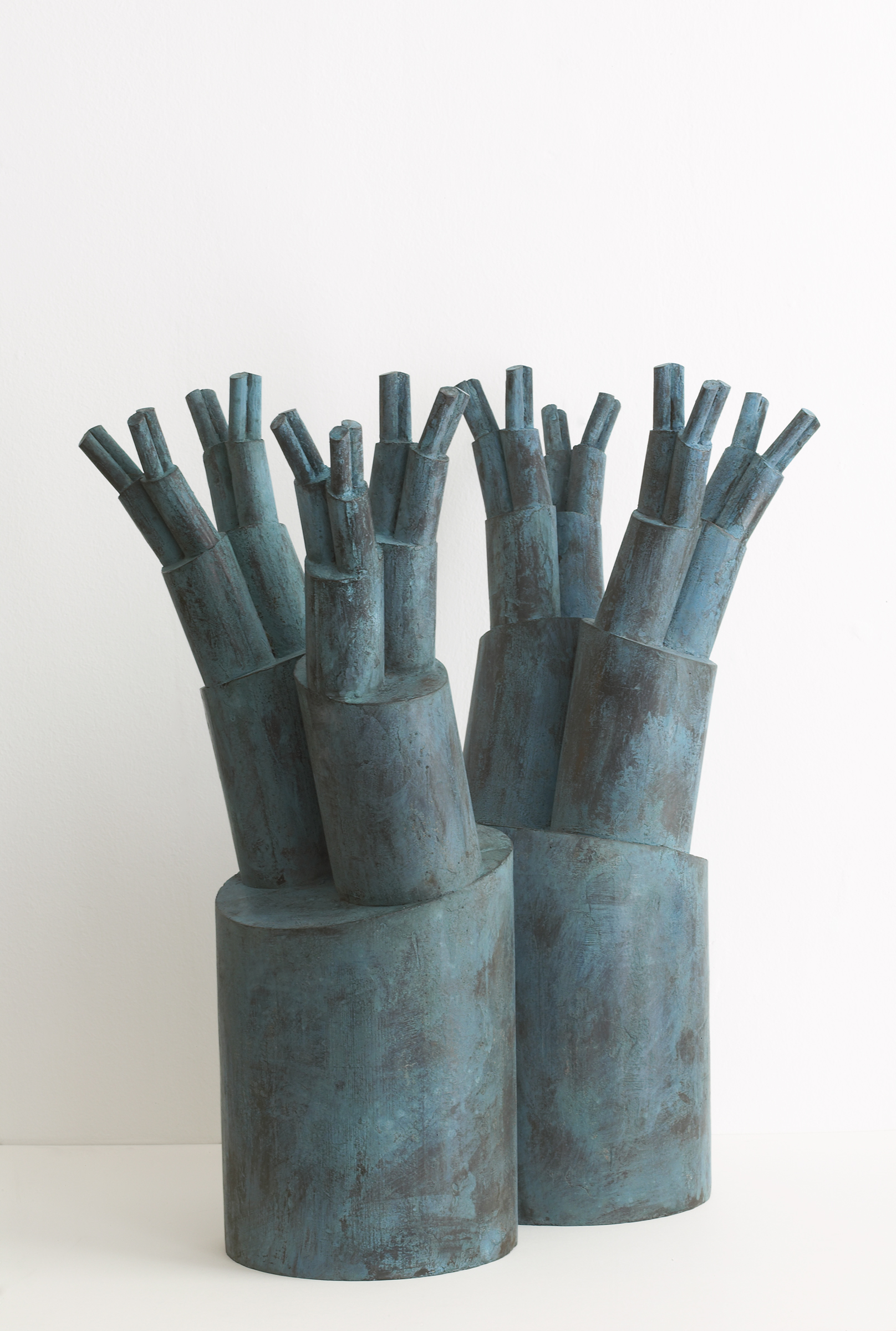 Bronze sculpture of a close-up of the Crassula plant, as if seen under a microscope. The plant is in two sections, which repeat each time about half the size of the original section. The sculpture sits on a plinth made from an oak tree. 