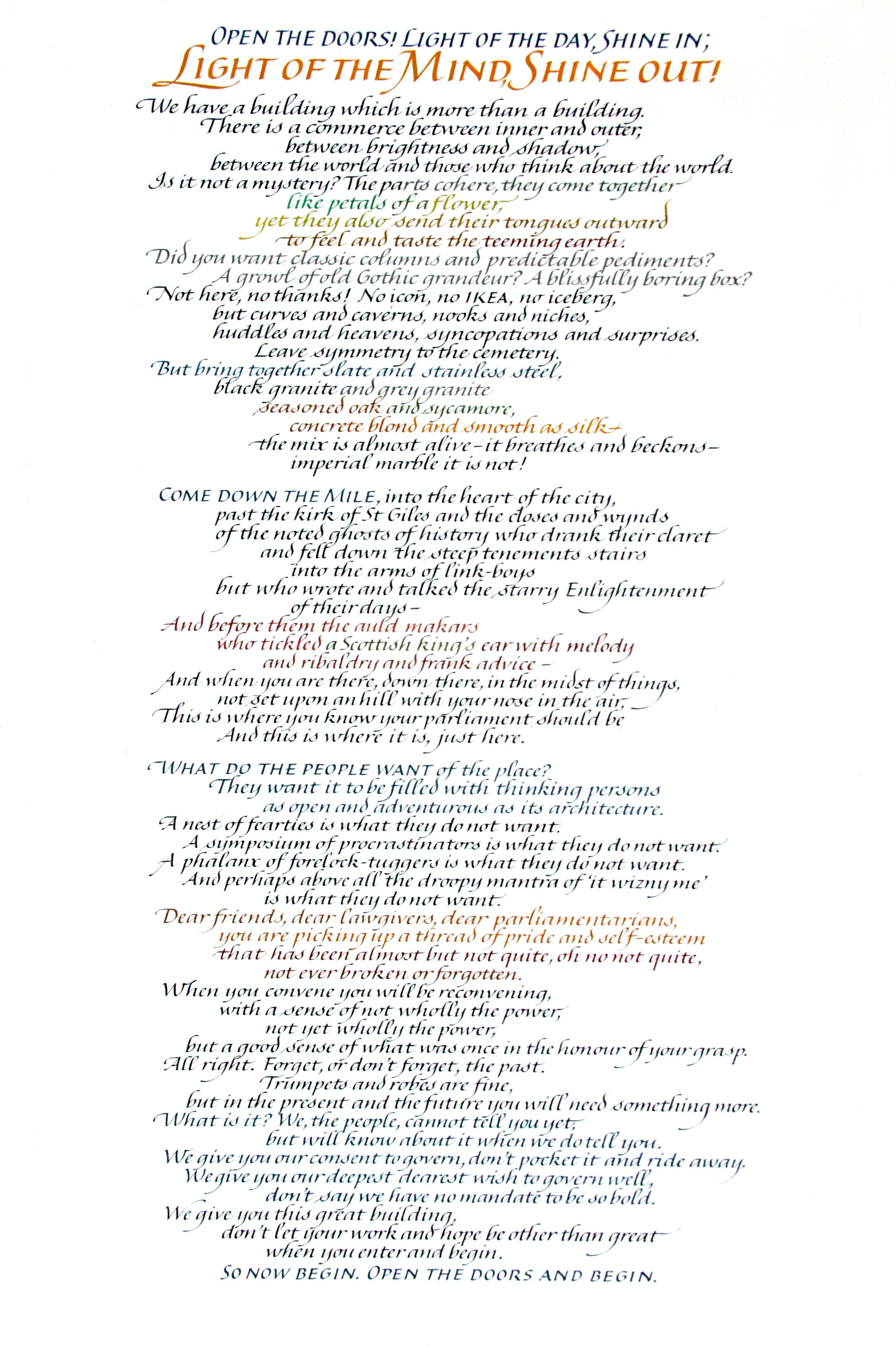 Poem presented in calligraphy handwriting in different coloured inks.
