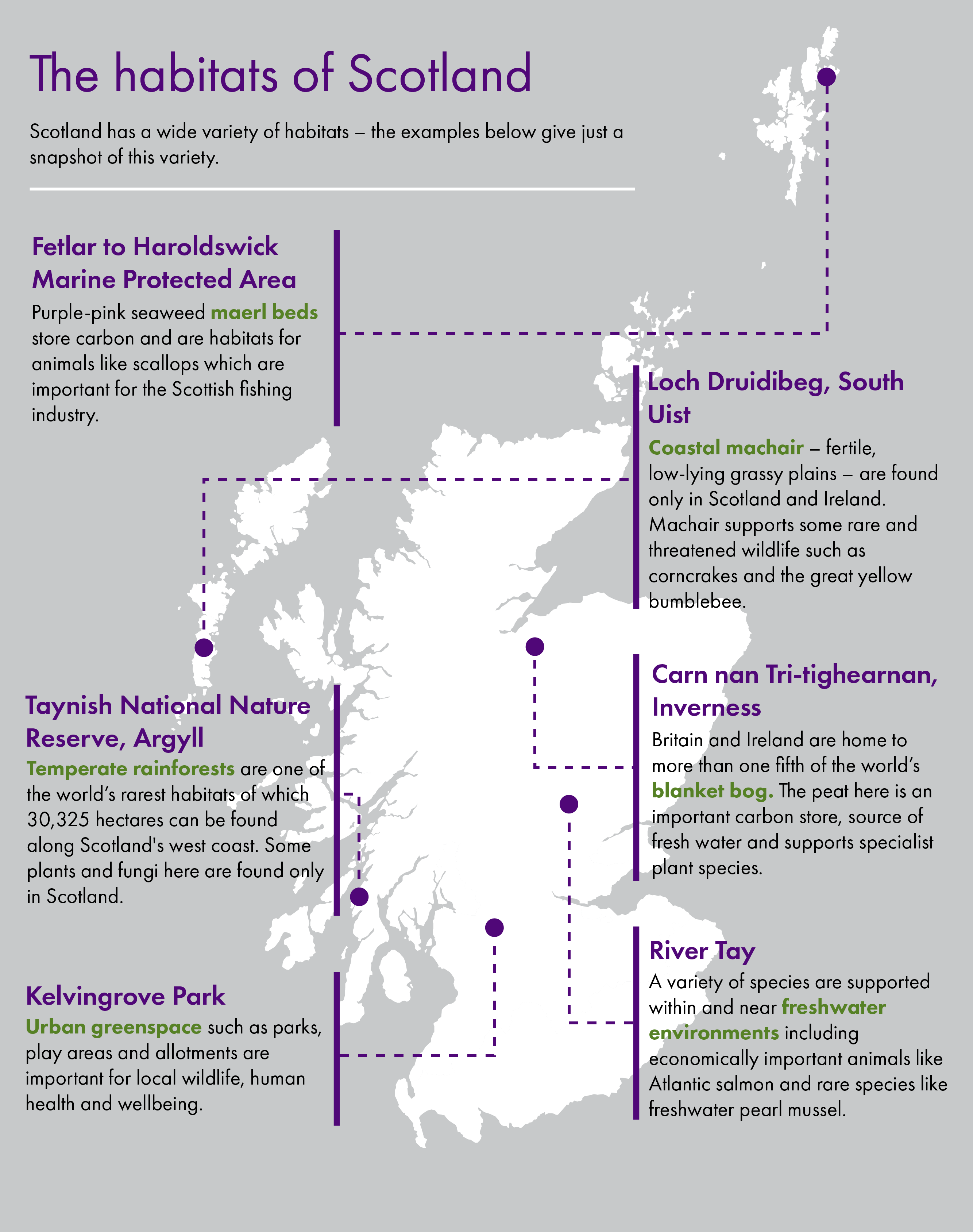 Map of Scotland indicating locations of six habitat types: maerl beds in the Fetlar to Haroldswick Marine Protected Area, coastal machair at Loch Druidibeg, South Uist, blanket bog at Carn nan Tri-tighhearnan, Inverness, freshwater environments on the River Tay, temperate rainforests at Taynish National Nature Reserve in Argyll and urban greenspace in Kelvingrove Park, Glasgow.