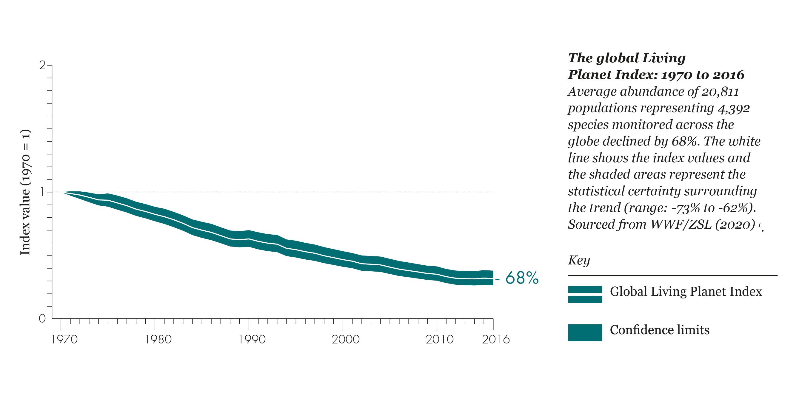 A graph showing that average abundance of animal groups has been decreasing between 1970 and 2016. Average abundance of 20,811 populations representing 4,392 species monitored across the globe declined by 68%.