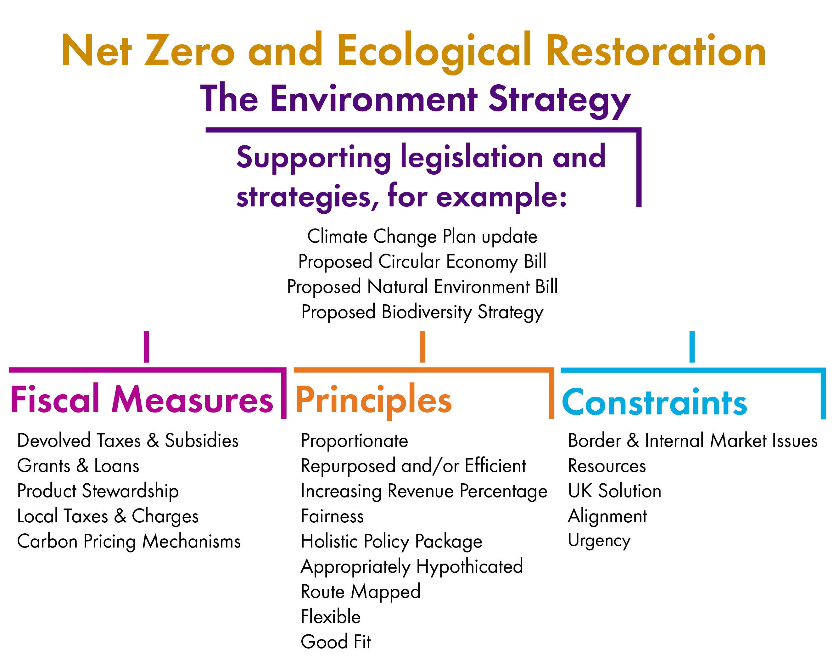 Flow diagram chart depicting a potential framework for environmental fiscal measures in Scotland. The overarching driver for EFM could be the environment strategy along with supporting legislation and strategies such as the climate change plan, proposed circular economy bill, proposed natural environment bill and proposed biodiversity strategy. Under this sits practical fiscal measures alongside emerging principles and known constraints.