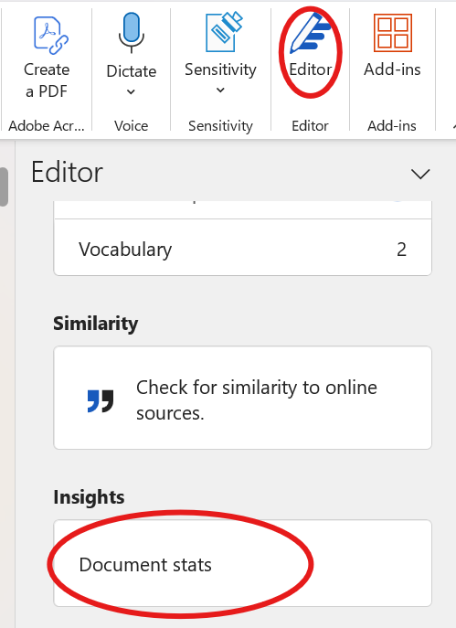 Screenshot showing the location of the Editor facility and the 'Document stats' function in Microsoft Word.