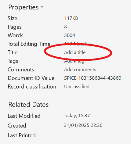 Screenshot of the 'Properties' section in Microsoft Word, with the Title field highlighted.