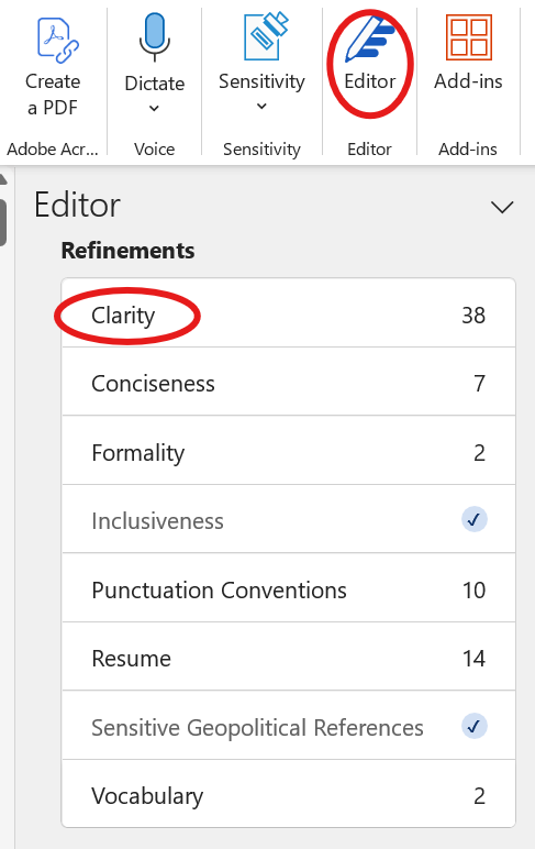 Screenshot of the Editor facility in Microsoft Word showing its plain writing support functions.